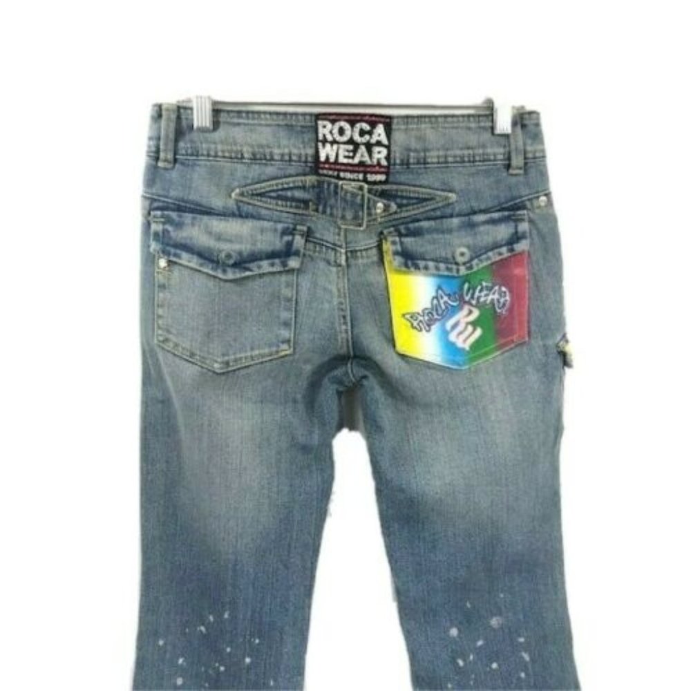 Rocaware Junior's Jeans Distressed Splatter Paint Logo Size 7 - 9 Inseam 34"